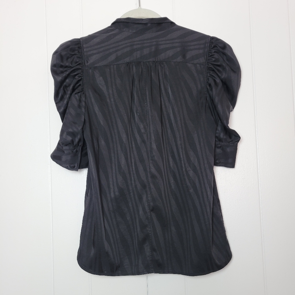 Frame Gillian Puff Sleeve Top Black Button Down Animal Stripe Pattern Silky SM - Picture 10 of 13